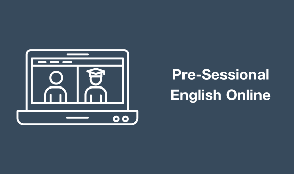 Iconography of a laptop with two people using the video chat feature, the text alongside reads: Pre-Sessional English Online.