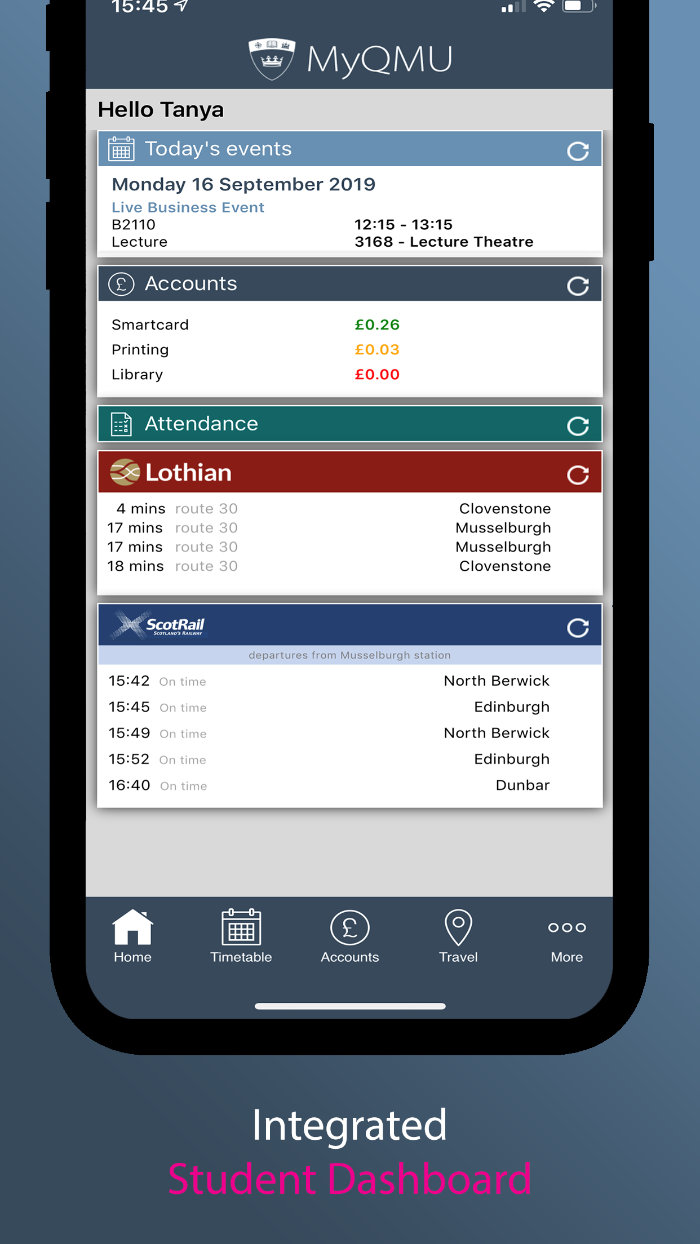 Screenshot of the MYQMU Student Dashboard