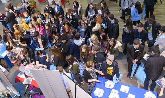 Aerial view of a busy school fair, Queen Margaret University, Edinburgh