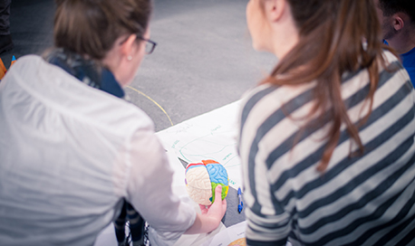 Group of QMU psychology & sociology sitting together holding a model brain