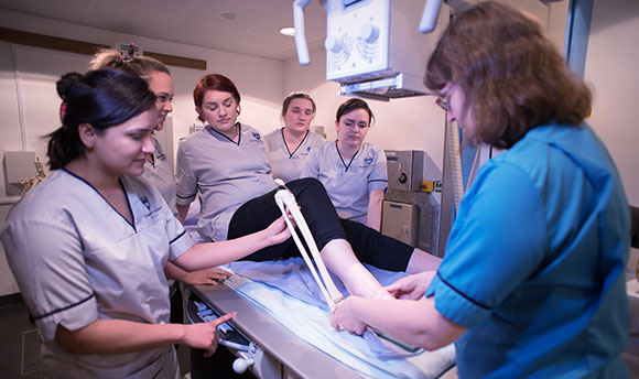 Radiography students holding a model shin bone beside a student's leg