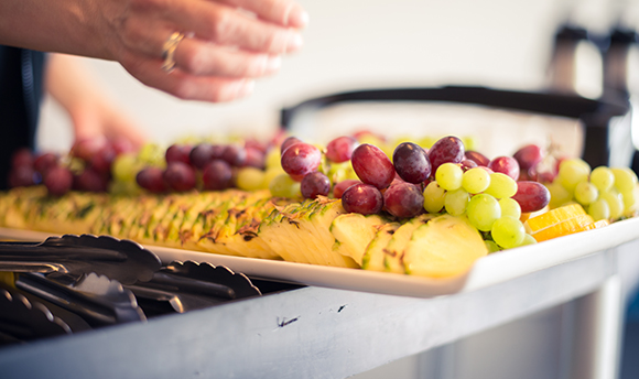 Close up of a tray of prepared fruit