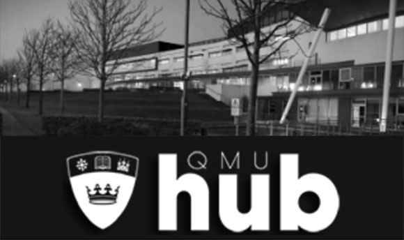 B+W photo of Queen Margaret University hub