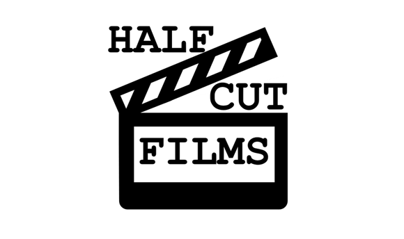 Half Cut Films Logo - A black and white clapperboard featuring the brand name "Half Cut Films".