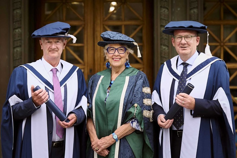 L to R, Dr James Robson MBE (Honorary Graduate), Prue Leith and Professor Alex McMahon (Honorary Graduate)