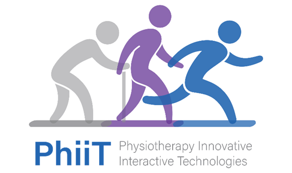 The logo for Physiotherapy Innovative Interactive Technologies (PhiiT), the brand text appears beneath a sequence of figures. One person holding a supportive frame, then walking, then running.