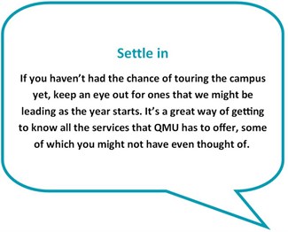 Blue speech bubble stating "Settle In"